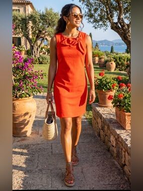 Banana Republic Coral Bow-Neck Ponte Knit Sleeveless Sheath Dress.